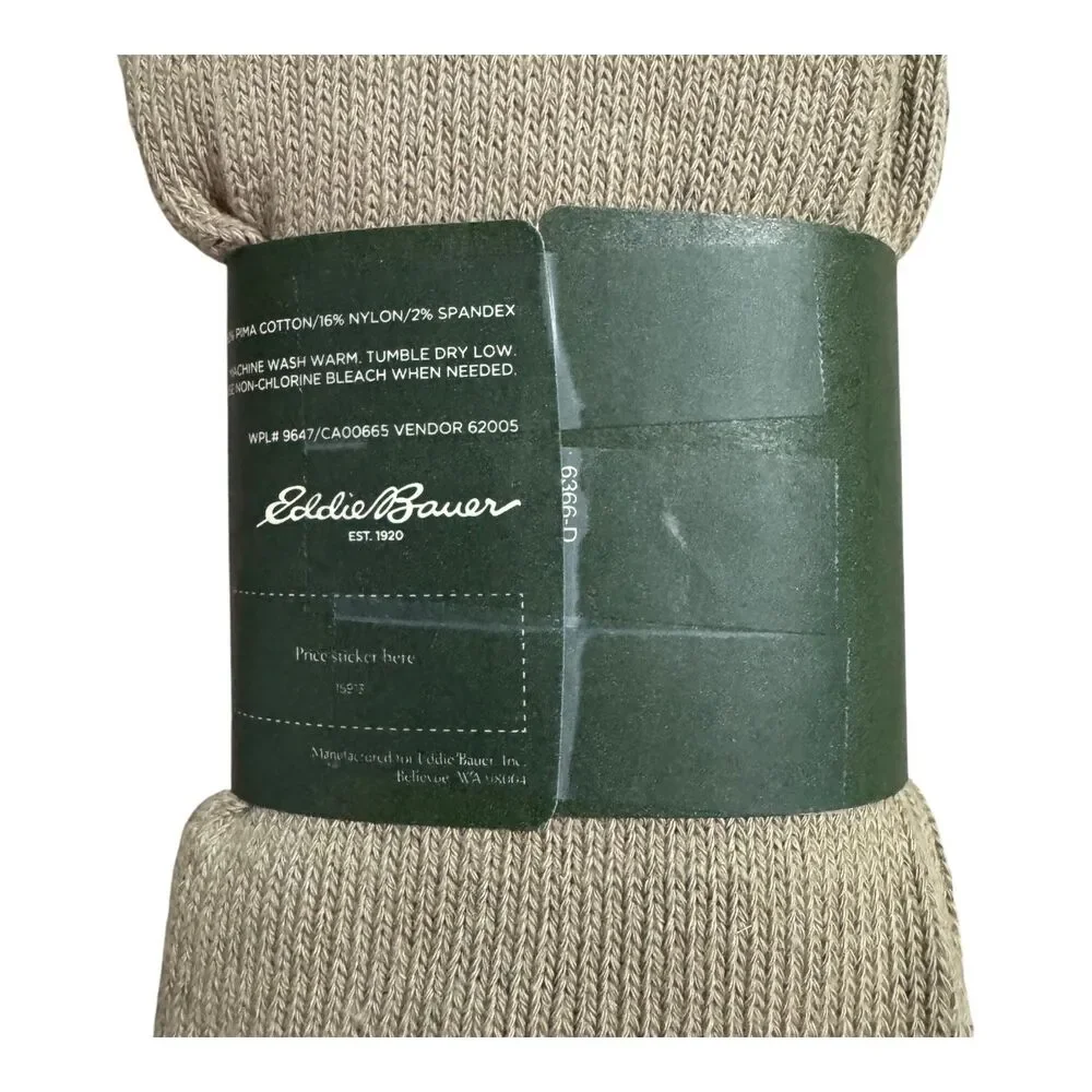 Eddie Bauer Men's Crew Socks Beige Pima Cotton USA Made - Size: 10-13 NWT